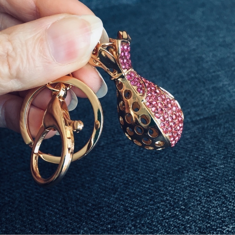 Pink Rhinestone + Gold Money Bag Bling Keychain, Purse Charm - Picture 5 of 17